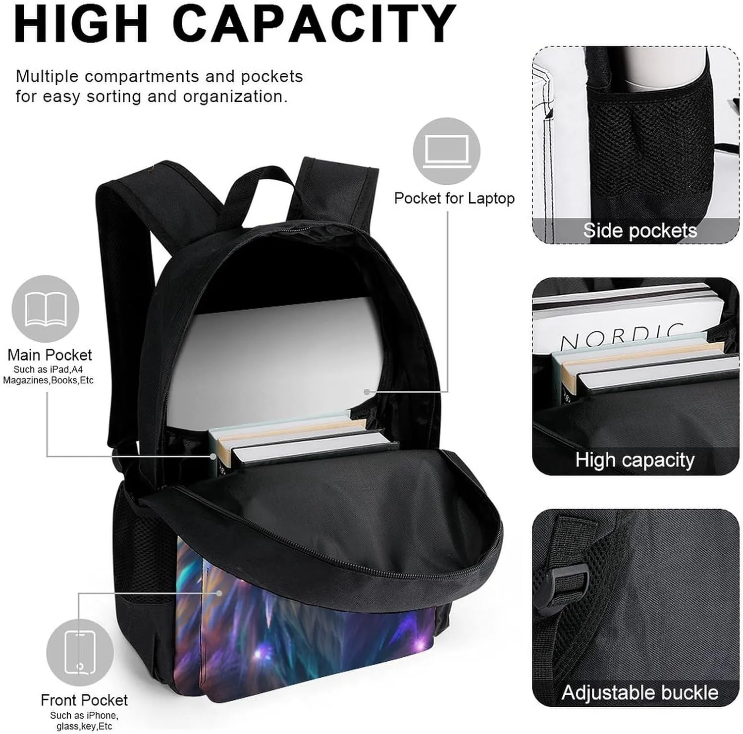 Supdreamc 3 Piece Daypack Colorful Space Wolf Art Travel Hiking Backpack Sets - Large Capacity Bookbag Lunch Bag Pencil Case for College Men and Women