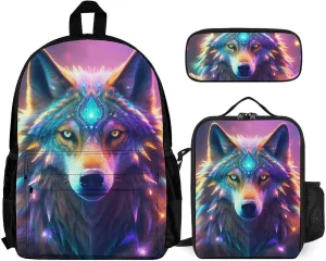Supdreamc 3 Piece Daypack Colorful Space Wolf Art Travel Hiking Backpack Sets - Large Capacity Bookbag Lunch Bag Pencil Case for College Men and Women