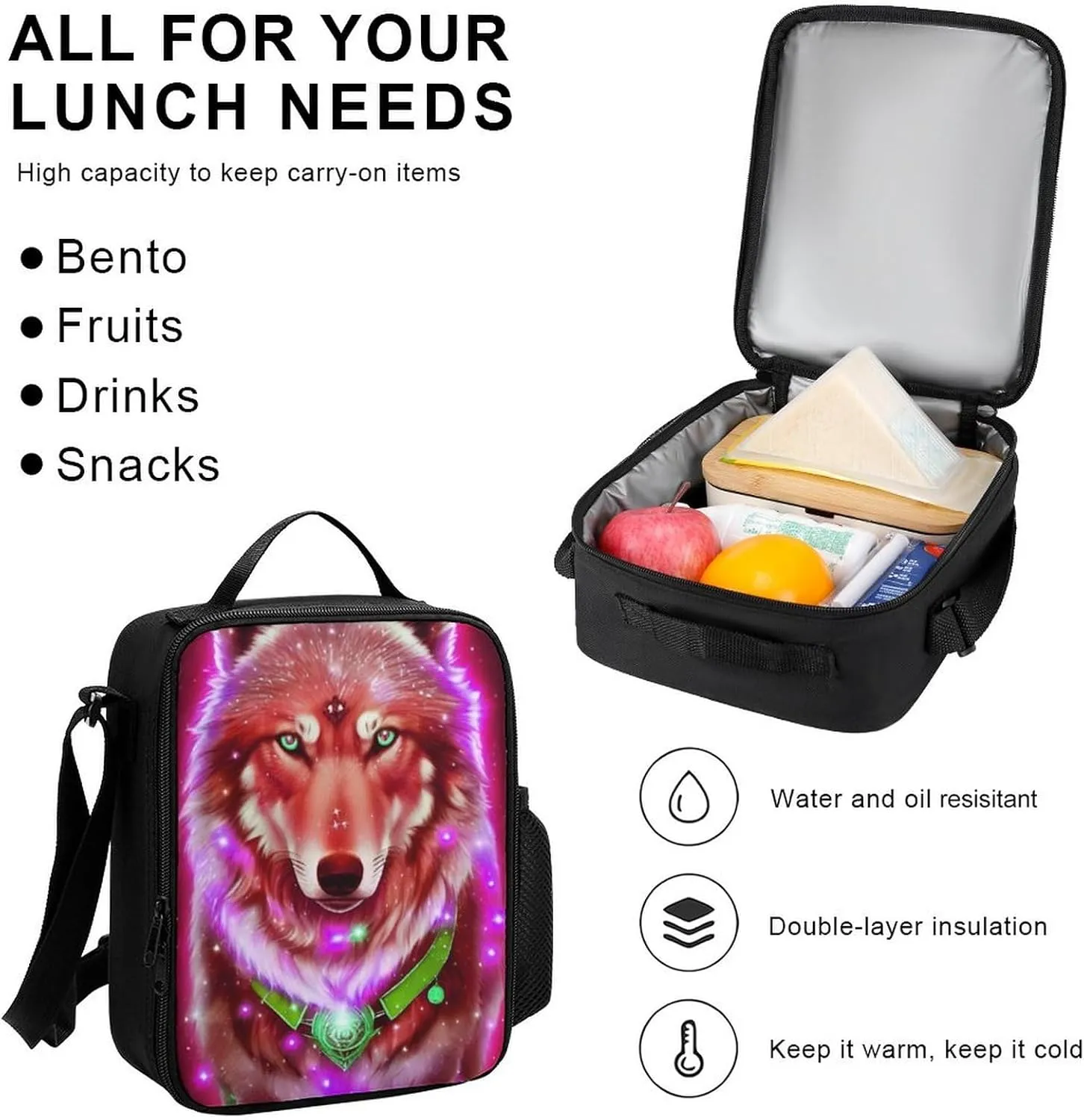 Supdreamc 3 Piece Daypack Universe Galaxy Magic Wolf In The Space Art Travel Hiking Bag & Day Pack - Big Capacity Multipurpose Bookbag Lunch Bag Pencil Case for Adult