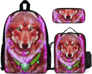 Supdreamc 3 Piece Daypack Universe Galaxy Magic Wolf In The Space Art Travel Hiking Bag & Day Pack - Big Capacity Multipurpose Bookbag Lunch Bag Pencil Case for Adult