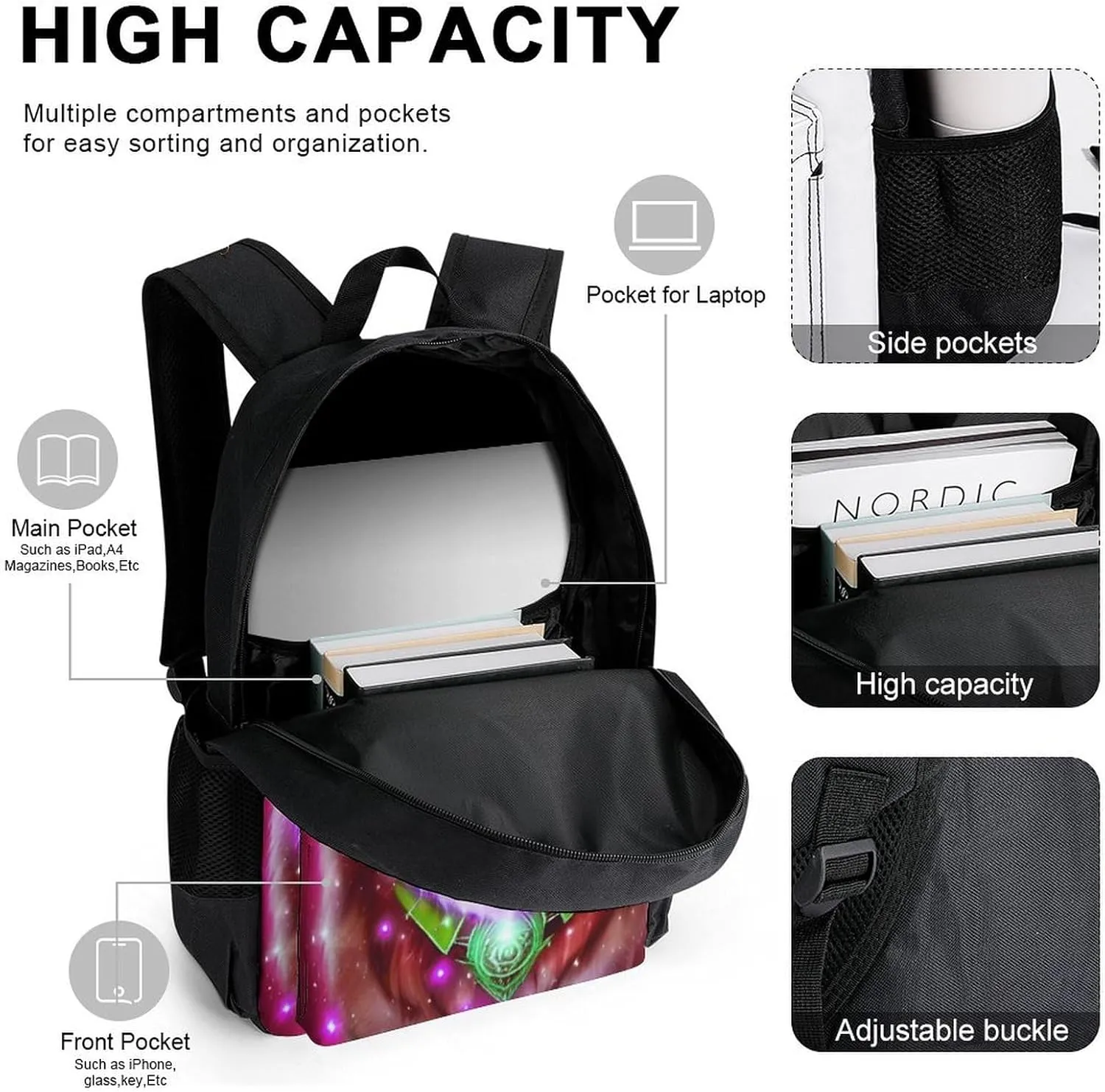 Supdreamc 3 Piece Daypack Universe Galaxy Magic Wolf In The Space Art Travel Hiking Bag & Day Pack - Big Capacity Multipurpose Bookbag Lunch Bag Pencil Case for Adult