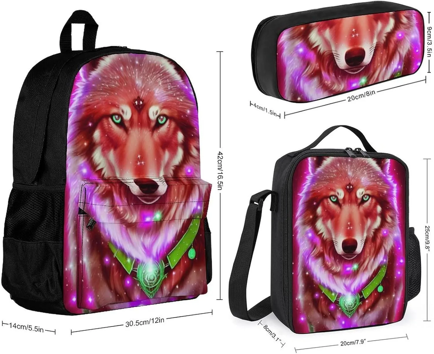 Supdreamc 3 Piece Daypack Universe Galaxy Magic Wolf In The Space Art Travel Hiking Bag & Day Pack - Big Capacity Multipurpose Bookbag Lunch Bag Pencil Case for Adult