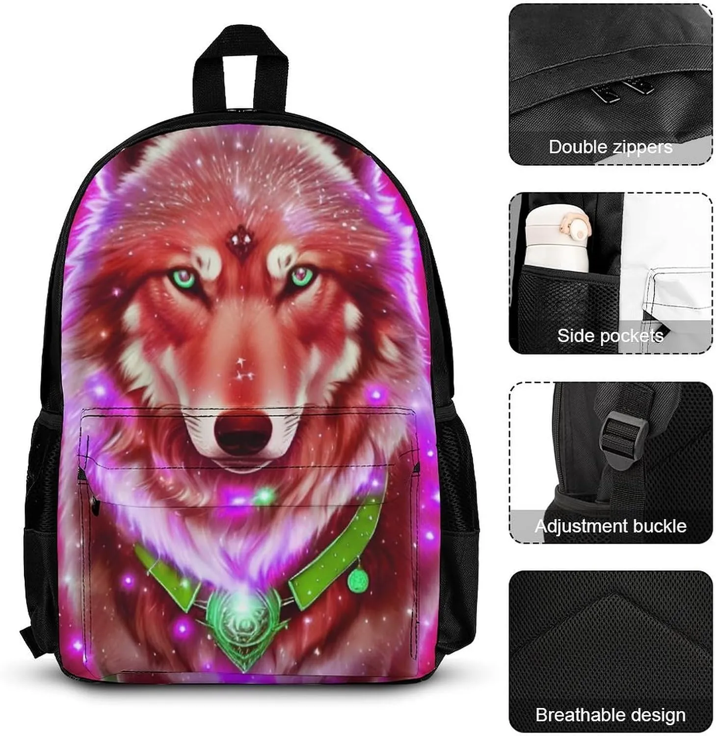 Supdreamc 3 Piece Daypack Universe Galaxy Magic Wolf In The Space Art Travel Hiking Bag & Day Pack - Big Capacity Multipurpose Bookbag Lunch Bag Pencil Case for Adult
