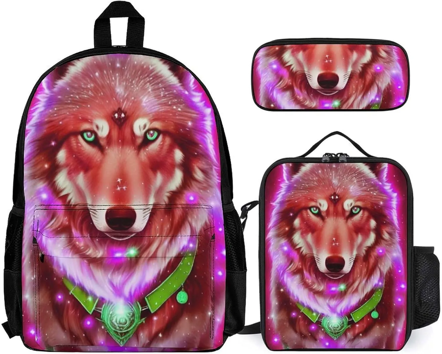 Supdreamc 3 Piece Daypack Universe Galaxy Magic Wolf In The Space Art Travel Hiking Bag & Day Pack - Big Capacity Multipurpose Bookbag Lunch Bag Pencil Case for Adult