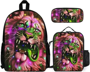 Supdreamc 3 Piece Rucksacks Sets, Lion Howling Art Bookbag Lunch Bag Pencil Case, Daypack Backpack, Camping Outdoor Backpack, Computer Bag