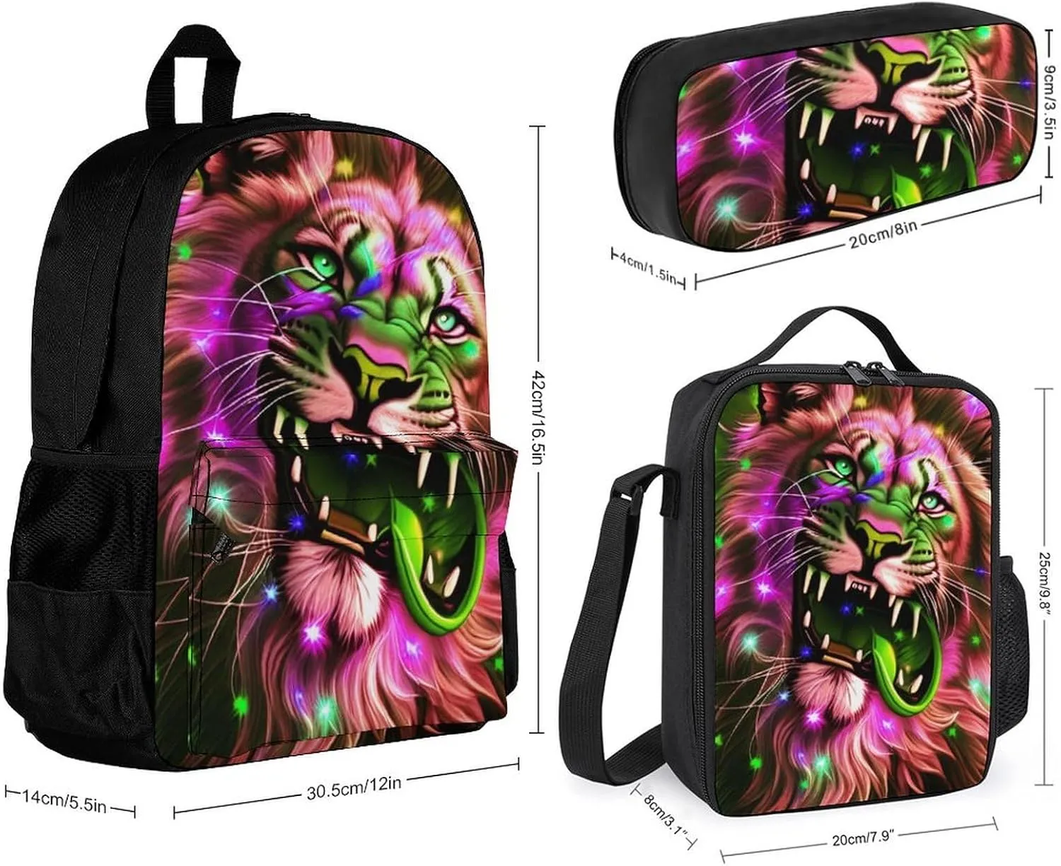 Supdreamc 3 Piece Rucksacks Sets, Lion Howling Art Bookbag Lunch Bag Pencil Case, Daypack Backpack, Camping Outdoor Backpack, Computer Bag