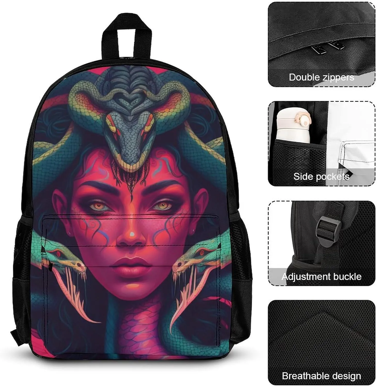 Supdreamc Adults Backpack Sets - Ancient Greece Snake Queen Medusa Art Shoulder Book Travel Hiking Daypack, 3 Piece Daypack Sets Shoulder Bag   Lunch Bag   Pencil Bag