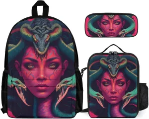 Supdreamc Adults Backpack Sets - Ancient Greece Snake Queen Medusa Art Shoulder Book Travel Hiking Daypack, 3 Piece Daypack Sets Shoulder Bag   Lunch Bag   Pencil Bag