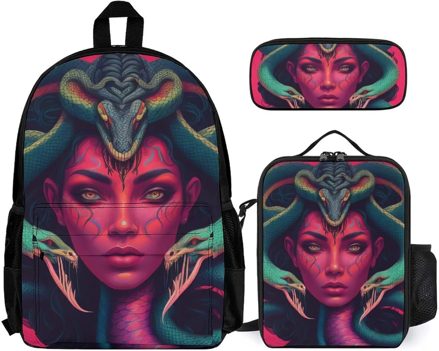 Supdreamc Adults Backpack Sets - Ancient Greece Snake Queen Medusa Art Shoulder Book Travel Hiking Daypack, 3 Piece Daypack Sets Shoulder Bag   Lunch Bag   Pencil Bag