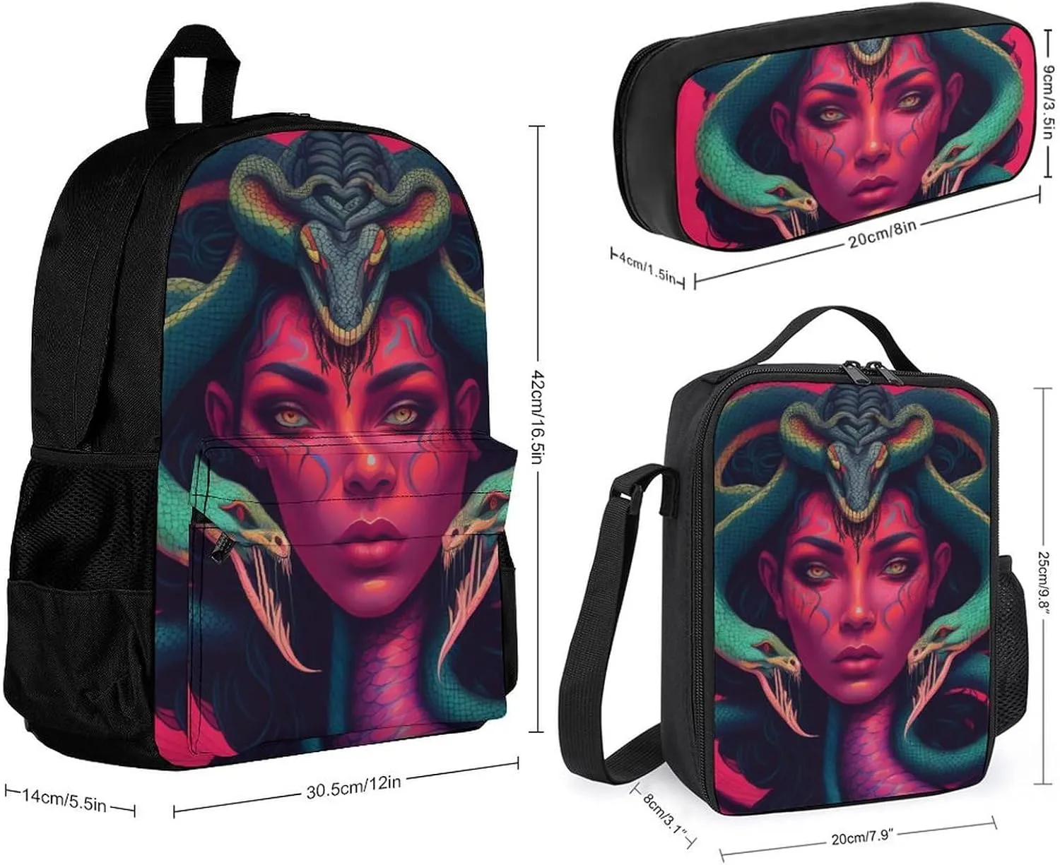 Supdreamc Adults Backpack Sets - Ancient Greece Snake Queen Medusa Art Shoulder Book Travel Hiking Daypack, 3 Piece Daypack Sets Shoulder Bag   Lunch Bag   Pencil Bag