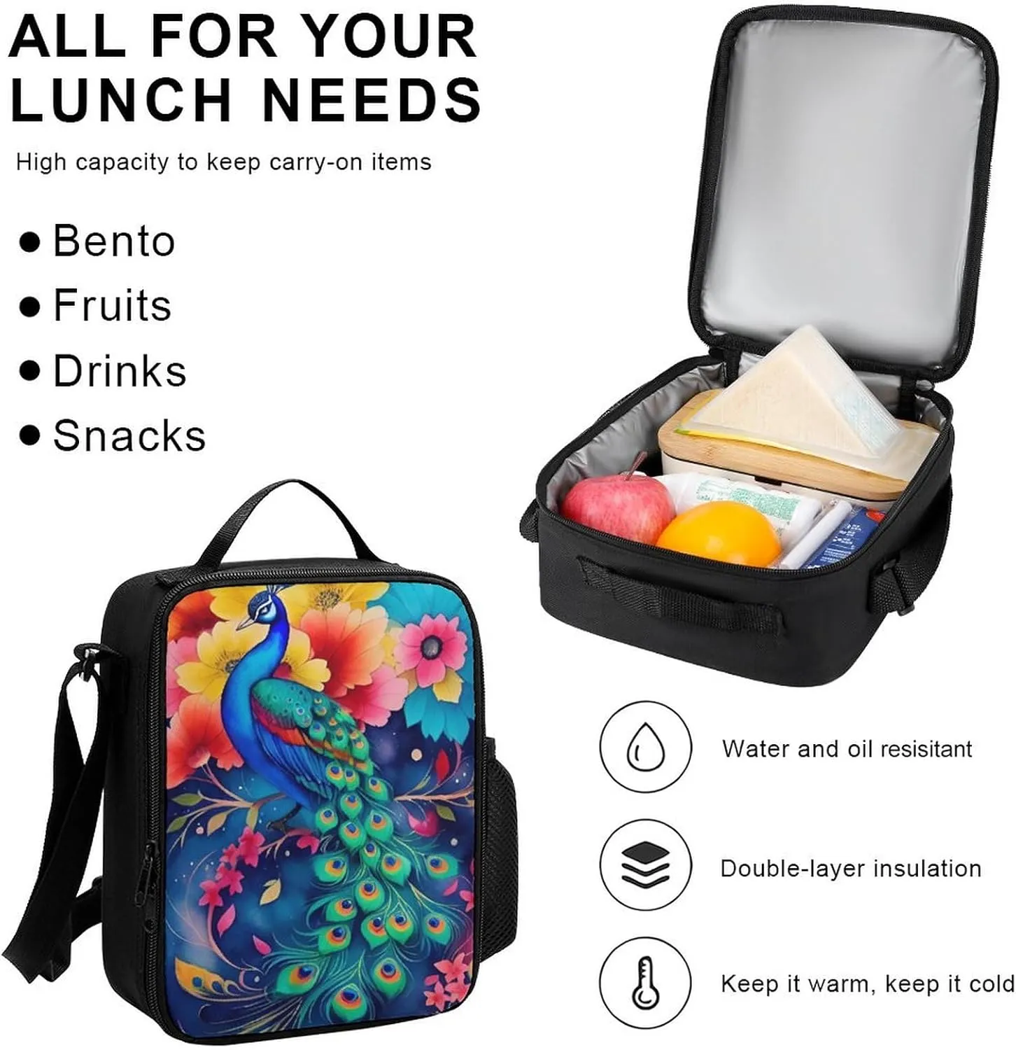 Supdreamc Adults Backpack Sets - Beautiful Peacock Watercolor Art Shoulder Book Travel Hiking Daypack, 3 Piece Daypack Sets Shoulder Bag   Lunch Bag   Pencil Bag