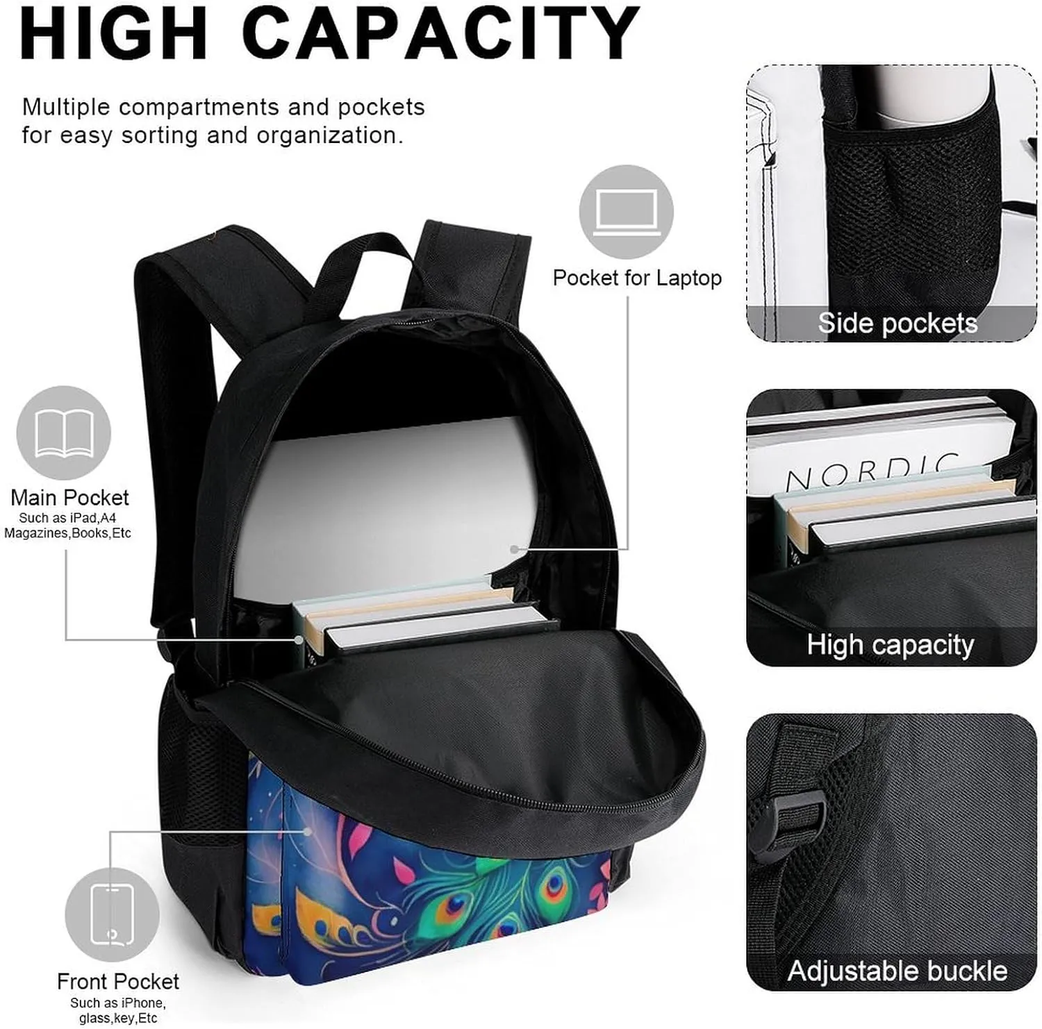 Supdreamc Adults Backpack Sets - Beautiful Peacock Watercolor Art Shoulder Book Travel Hiking Daypack, 3 Piece Daypack Sets Shoulder Bag   Lunch Bag   Pencil Bag