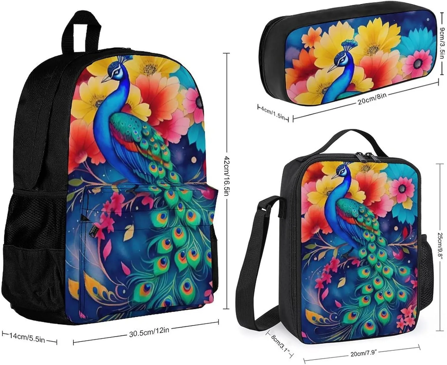 Supdreamc Adults Backpack Sets - Beautiful Peacock Watercolor Art Shoulder Book Travel Hiking Daypack, 3 Piece Daypack Sets Shoulder Bag   Lunch Bag   Pencil Bag