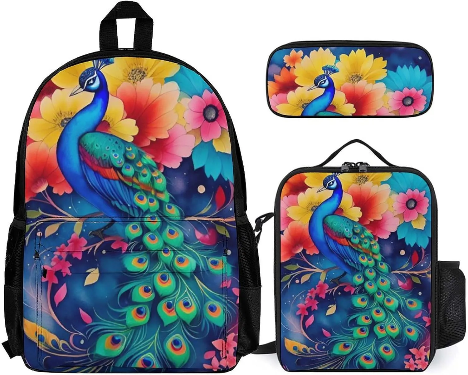 Supdreamc Adults Backpack Sets - Beautiful Peacock Watercolor Art Shoulder Book Travel Hiking Daypack, 3 Piece Daypack Sets Shoulder Bag   Lunch Bag   Pencil Bag