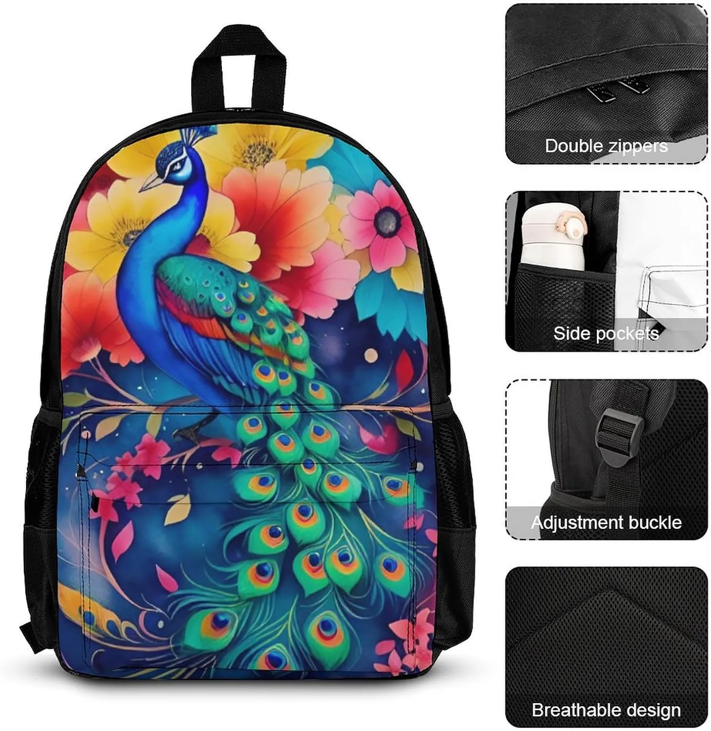 Supdreamc Adults Backpack Sets - Beautiful Peacock Watercolor Art Shoulder Book Travel Hiking Daypack, 3 Piece Daypack Sets Shoulder Bag   Lunch Bag   Pencil Bag