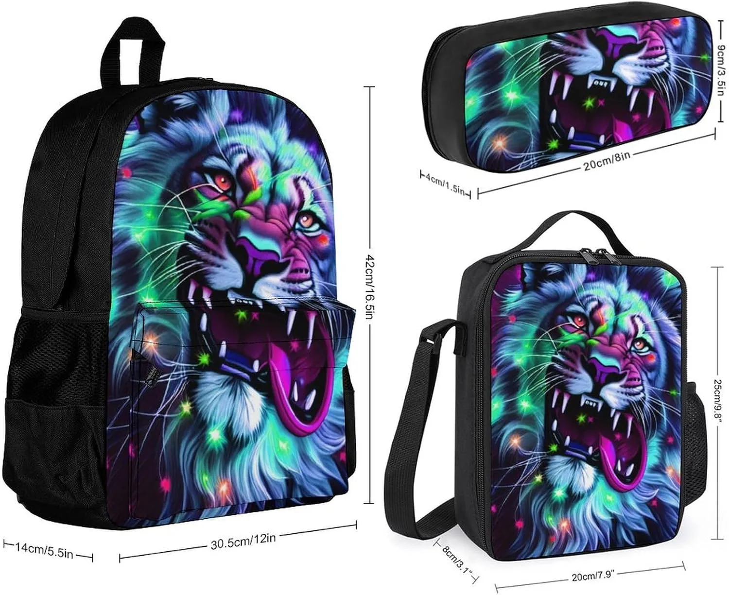 Supdreamc Adults Backpack Sets - Lion Howling Art Carry On Bag Shoulder Book Bags Travel Hiking Daypack   Lunch Bag   Pencil Case, Book Rucksack