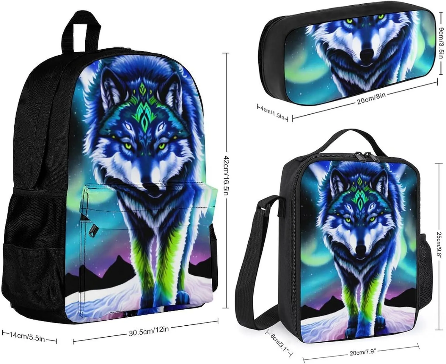 Supdreamc Adults Backpack Sets - Mountain And Northern Light Wolves Psychedelic Art Shoulder Bag Daypack Backpack Travel Hiking Bag & Day Pack, 3 Piece Daypack Climbing Shoulder Bag