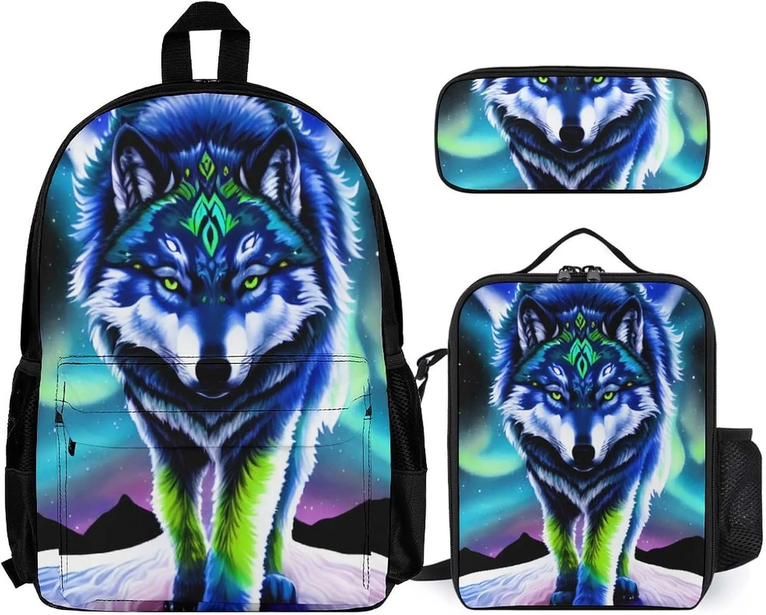 Supdreamc Adults Backpack Sets - Mountain And Northern Light Wolves Psychedelic Art Shoulder Bag Daypack Backpack Travel Hiking Bag & Day Pack, 3 Piece Daypack Climbing Shoulder Bag