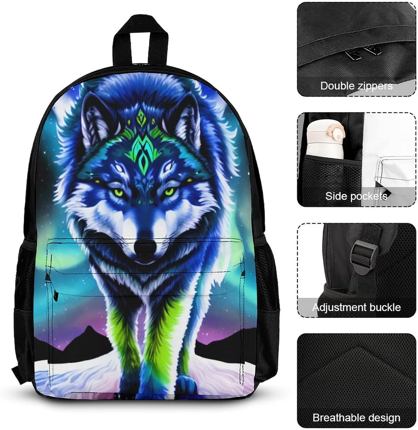 Supdreamc Adults Backpack Sets - Mountain And Northern Light Wolves Psychedelic Art Shoulder Bag Daypack Backpack Travel Hiking Bag & Day Pack, 3 Piece Daypack Climbing Shoulder Bag