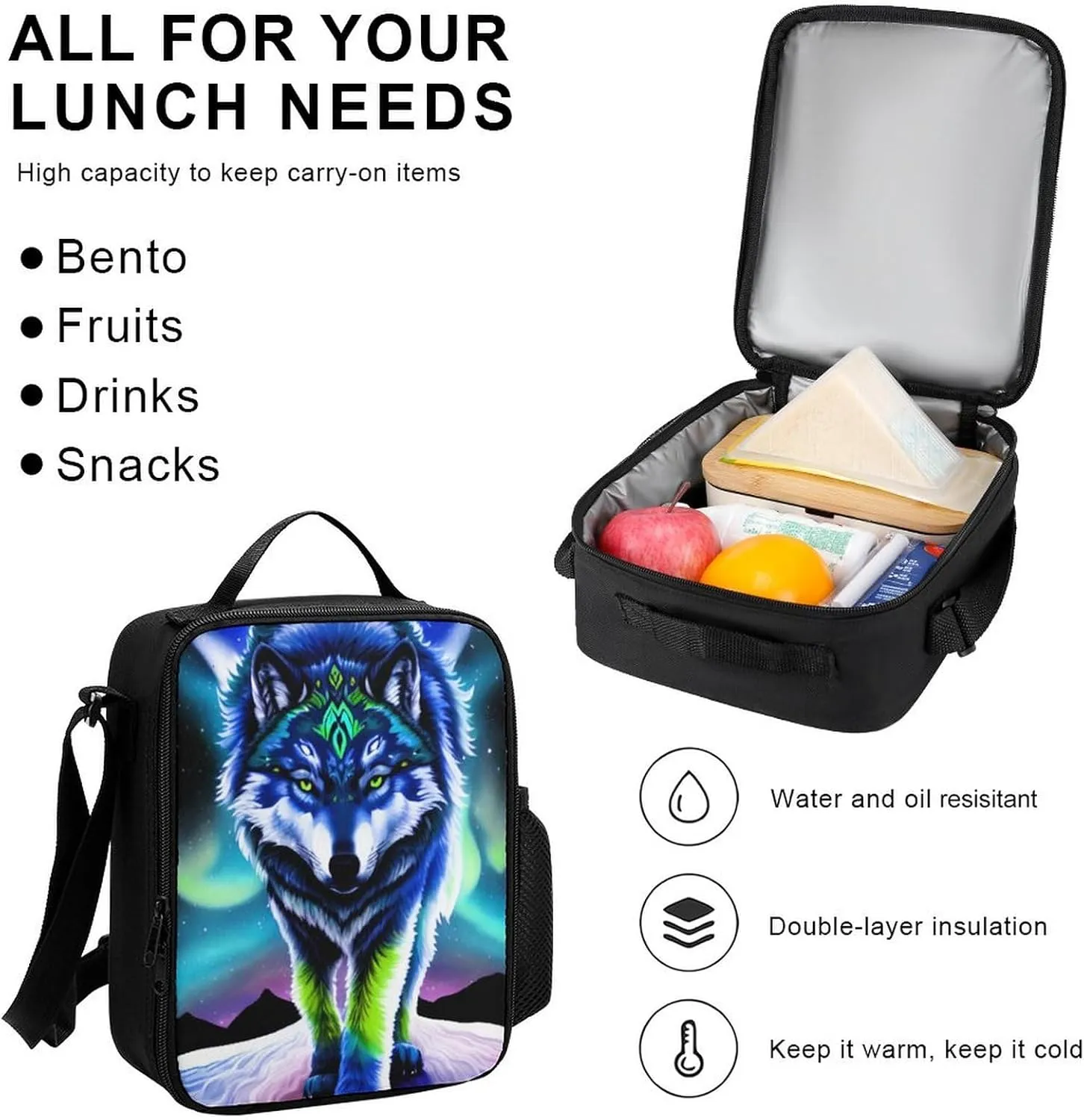 Supdreamc Adults Backpack Sets - Mountain And Northern Light Wolves Psychedelic Art Shoulder Bag Daypack Backpack Travel Hiking Bag & Day Pack, 3 Piece Daypack Climbing Shoulder Bag
