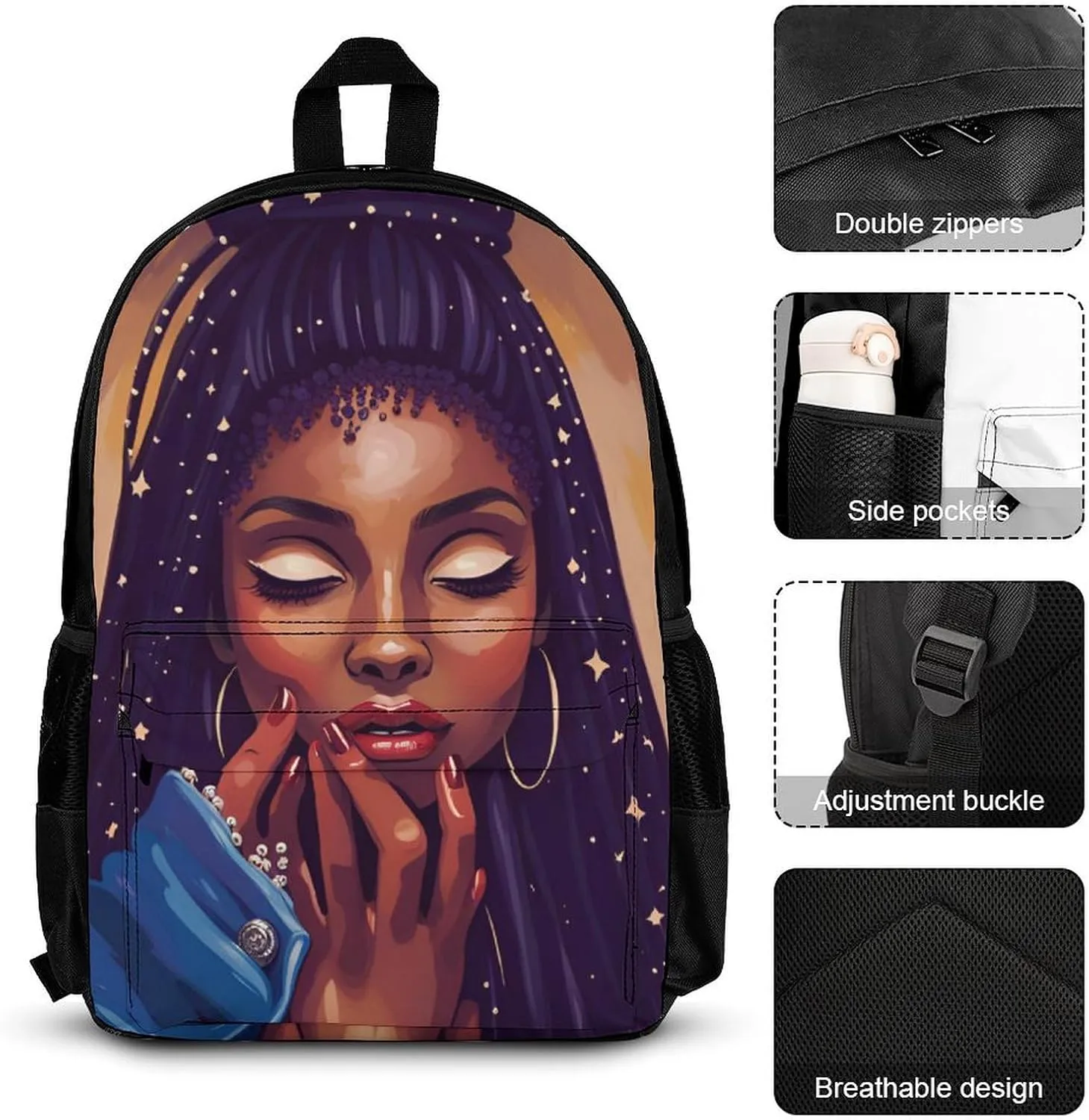 Supdreamc Adults Daypack - African American Black Woman Woman Painting Shoulder Bag 3 Piece College Daypack Travel Hiking Backpack, 3 Piece Climbing Shoulder Bag