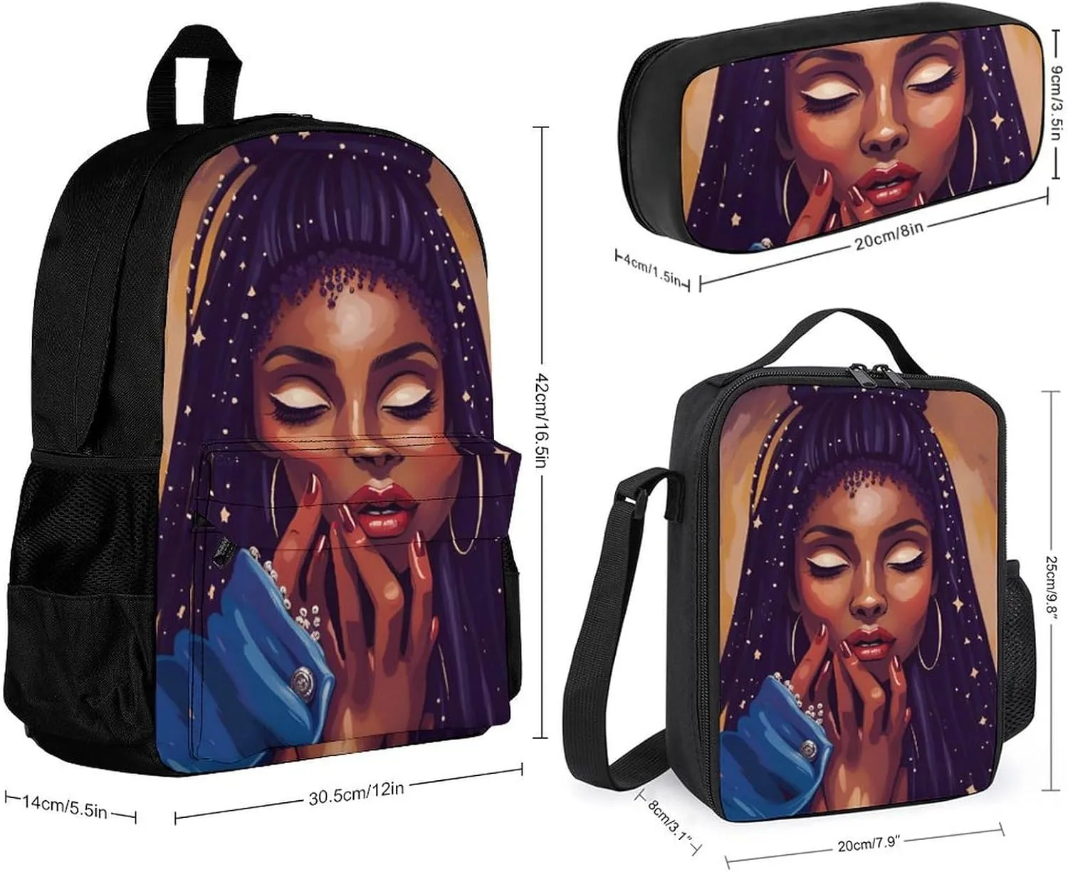 Supdreamc Adults Daypack - African American Black Woman Woman Painting Shoulder Bag 3 Piece College Daypack Travel Hiking Backpack, 3 Piece Climbing Shoulder Bag