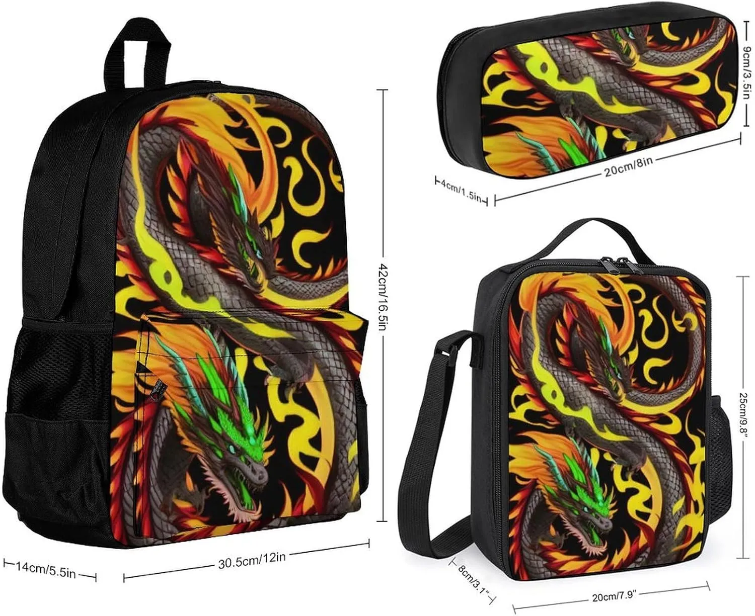 Supdreamc Adults Daypack Sets - Burning Flaming Fire Chinese Dragon Art Shoulder Bag 3 Piece College Travel Hiking Backpack, 3 Piece Daypack Climbing Shoulder Bag