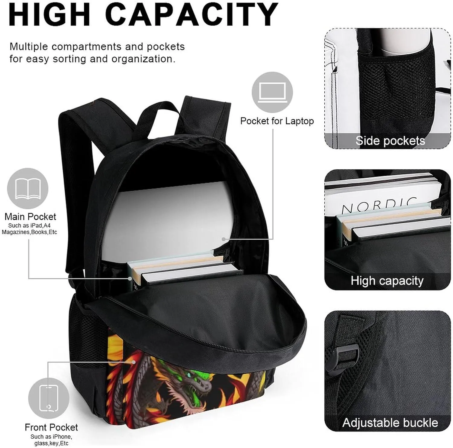Supdreamc Adults Daypack Sets - Burning Flaming Fire Chinese Dragon Art Shoulder Bag 3 Piece College Travel Hiking Backpack, 3 Piece Daypack Climbing Shoulder Bag