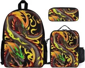 Supdreamc Adults Daypack Sets - Burning Flaming Fire Chinese Dragon Art Shoulder Bag 3 Piece College Travel Hiking Backpack, 3 Piece Daypack Climbing Shoulder Bag