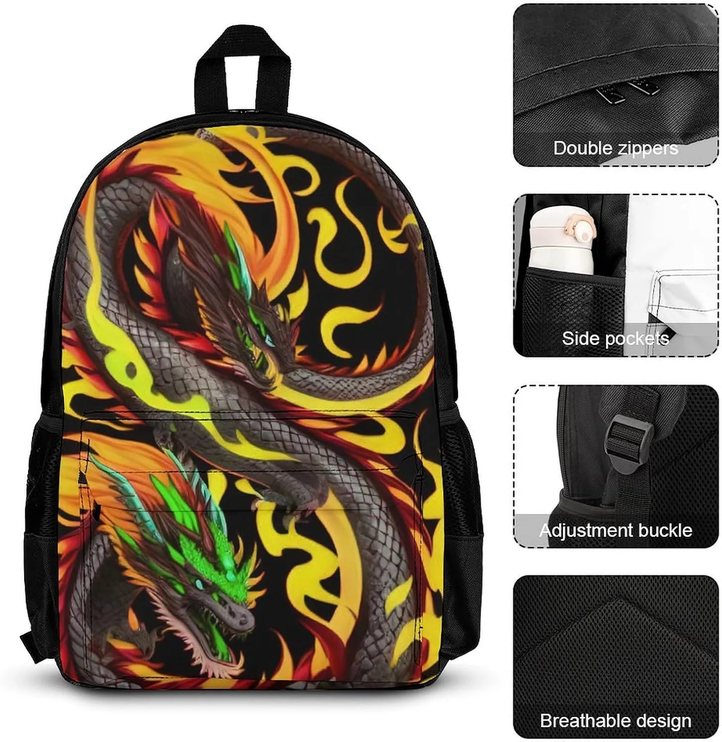 Supdreamc Adults Daypack Sets - Burning Flaming Fire Chinese Dragon Art Shoulder Bag 3 Piece College Travel Hiking Backpack, 3 Piece Daypack Climbing Shoulder Bag