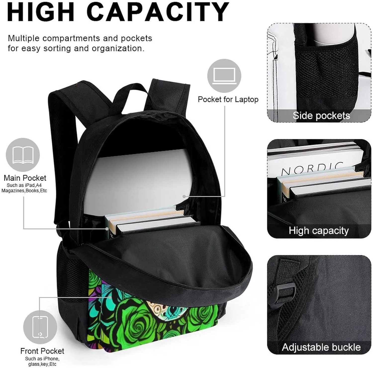 Supdreamc Big Capacity Backpack, Psychedelic Skull Art Bookbag, 3 Piece College Daypack, Camping Outdoor Backpack, Business Computer Bag   Lunch Bag   Pencil Bag