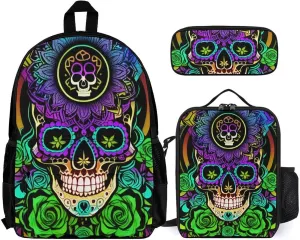 Supdreamc Big Capacity Backpack, Psychedelic Skull Art Bookbag, 3 Piece College Daypack, Camping Outdoor Backpack, Business Computer Bag   Lunch Bag   Pencil Bag