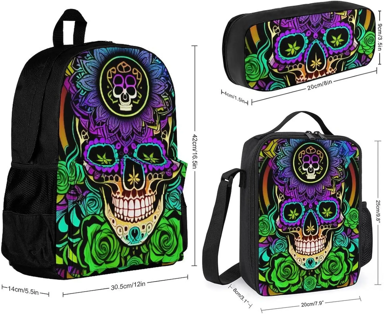 Supdreamc Big Capacity Backpack, Psychedelic Skull Art Bookbag, 3 Piece College Daypack, Camping Outdoor Backpack, Business Computer Bag   Lunch Bag   Pencil Bag