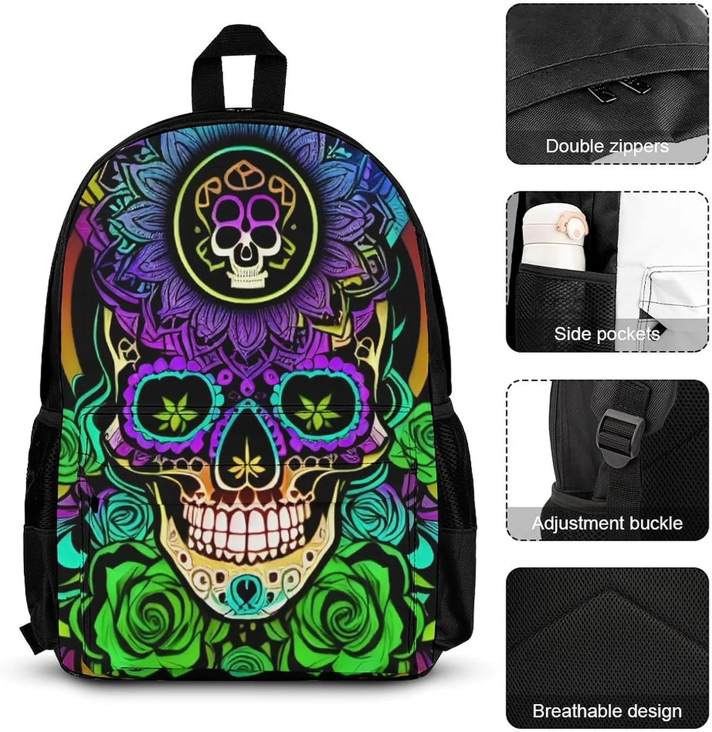 Supdreamc Big Capacity Backpack, Psychedelic Skull Art Bookbag, 3 Piece College Daypack, Camping Outdoor Backpack, Business Computer Bag   Lunch Bag   Pencil Bag