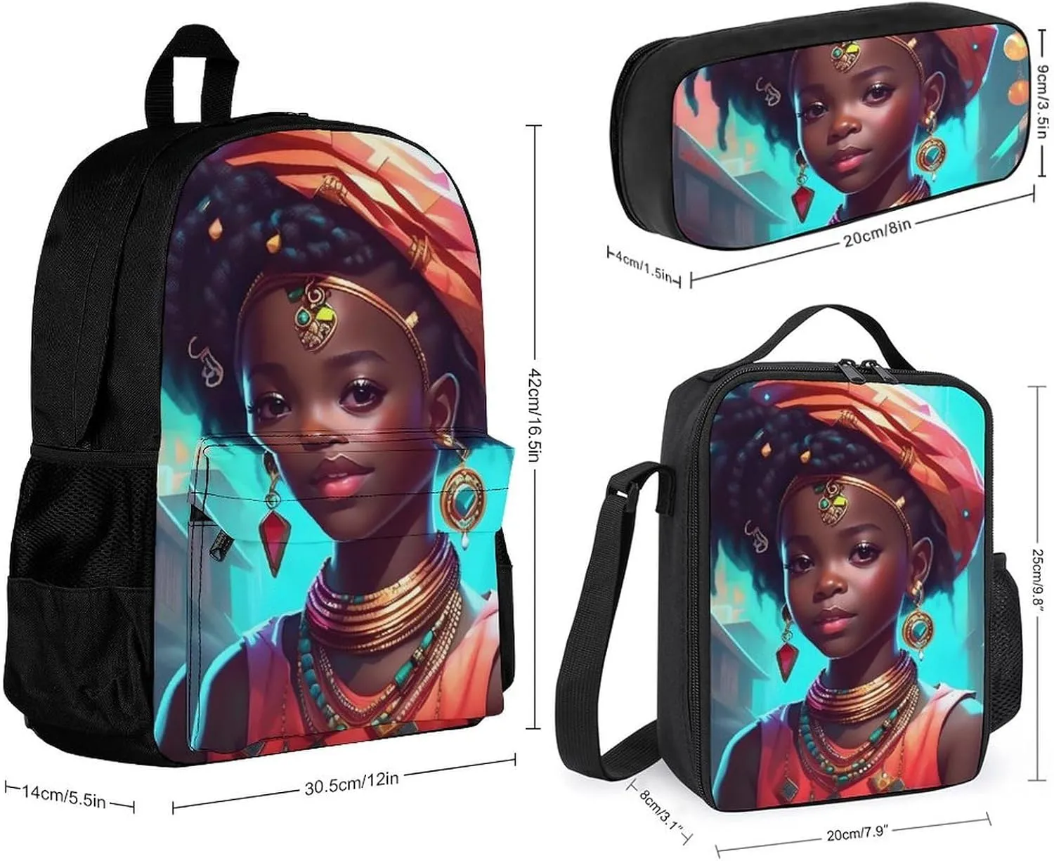 Supdreamc Big Capacity Rucksack, Afro Women African American Black Woman Art Bookbag, 3 Piece College Daypack, Travel Hiking Backpack Rucksack   Lunch Bag   Pencil Bag, One Size