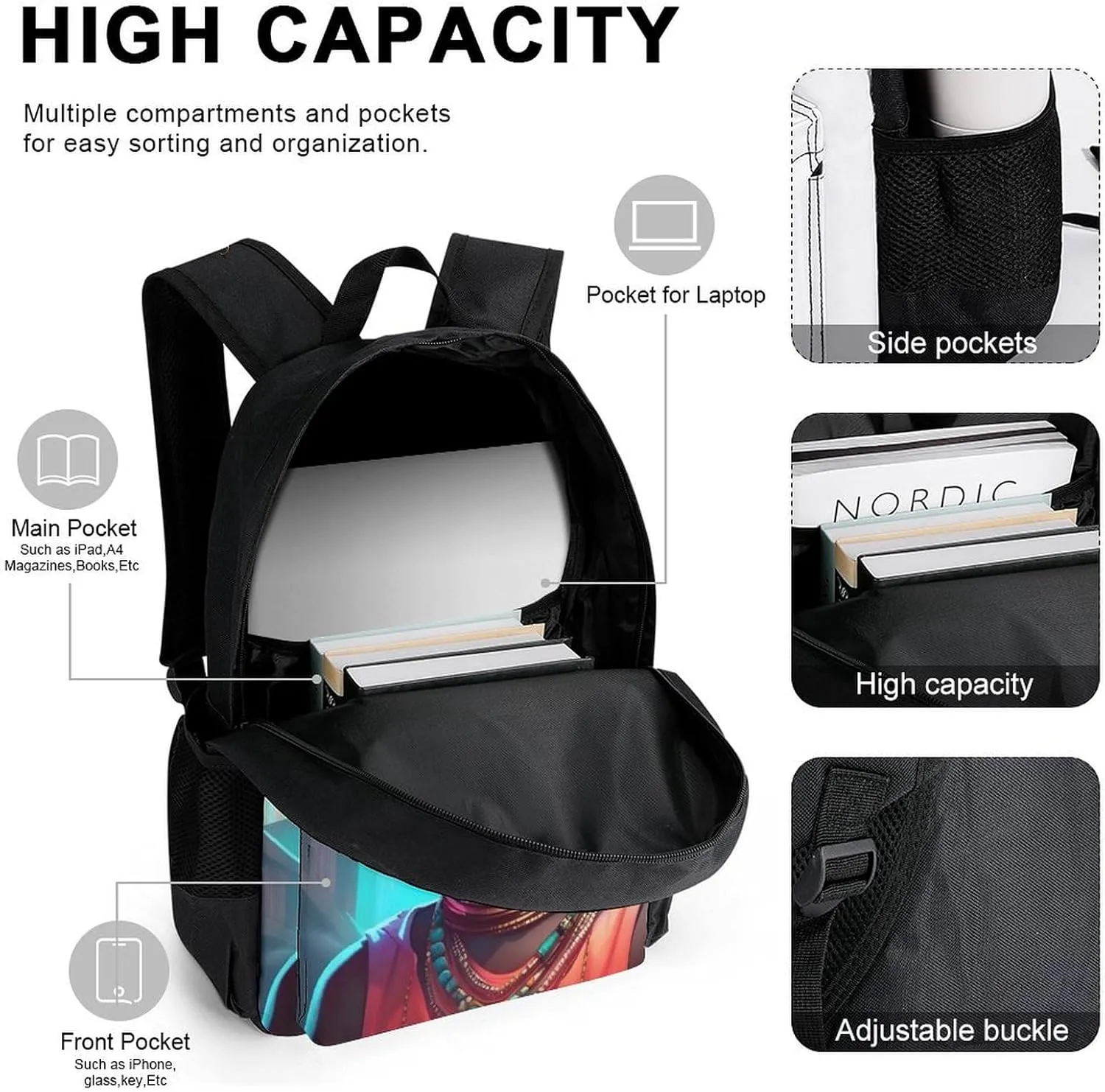 Supdreamc Big Capacity Rucksack, Afro Women African American Black Woman Art Bookbag, 3 Piece College Daypack, Travel Hiking Backpack Rucksack   Lunch Bag   Pencil Bag, One Size