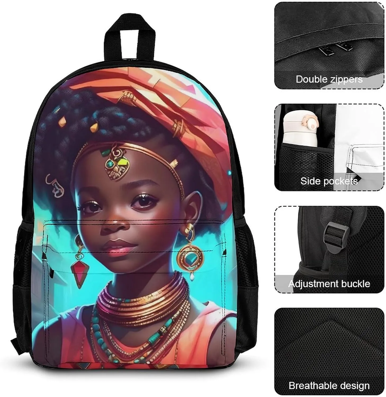 Supdreamc Big Capacity Rucksack, Afro Women African American Black Woman Art Bookbag, 3 Piece College Daypack, Travel Hiking Backpack Rucksack   Lunch Bag   Pencil Bag, One Size