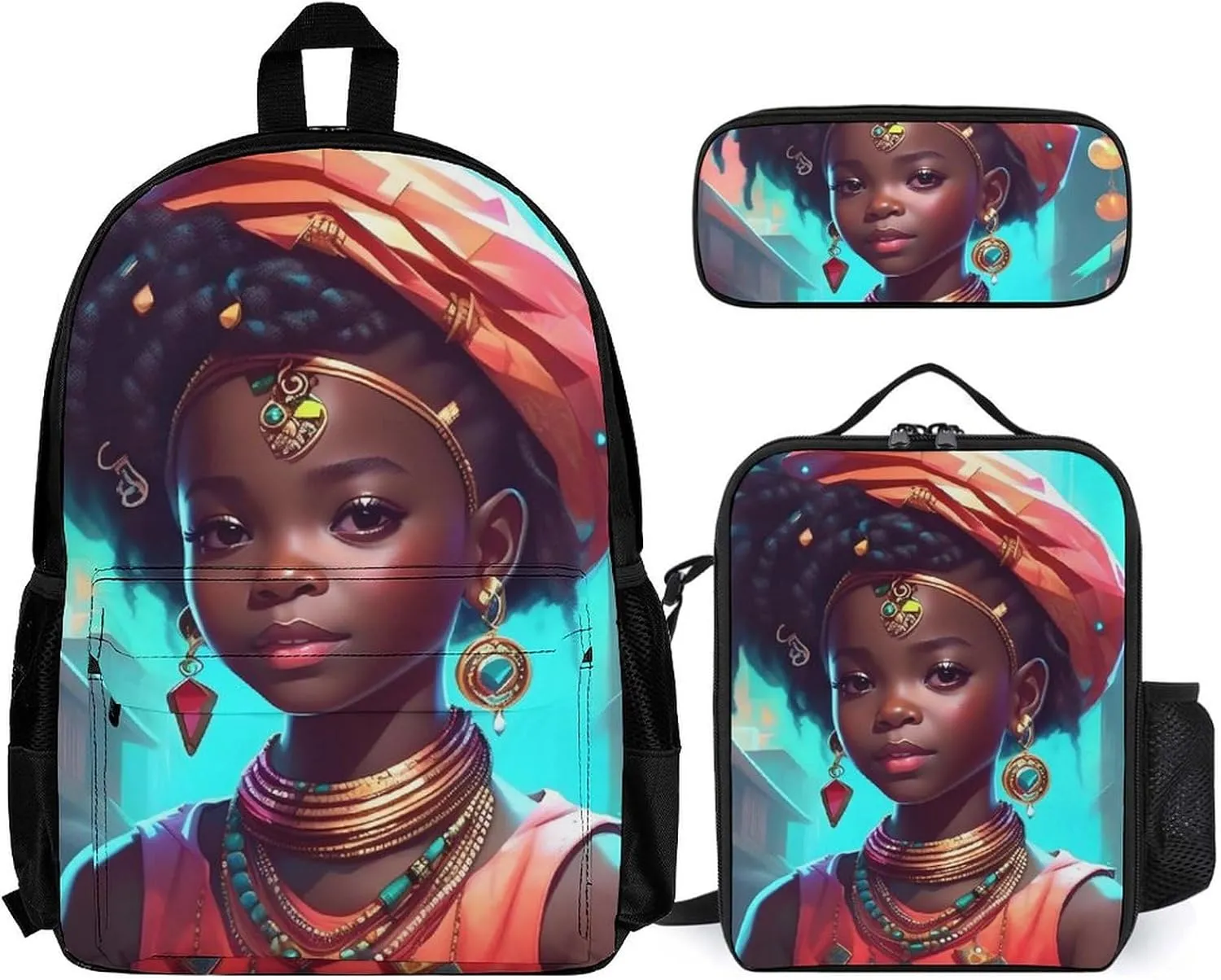 Supdreamc Big Capacity Rucksack, Afro Women African American Black Woman Art Bookbag, 3 Piece College Daypack, Travel Hiking Backpack Rucksack   Lunch Bag   Pencil Bag, One Size
