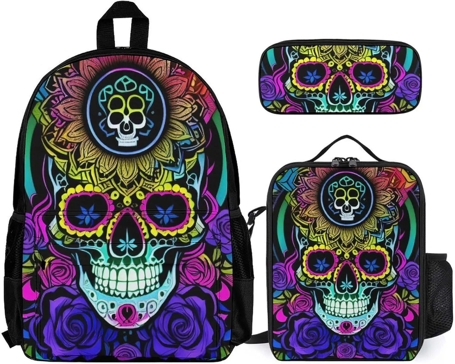 Supdreamc Big Capacity Rucksack, Psychedelic Skull Art Carry On Bag, 3 Piece College Daypack, Camping Outdoor Backpack