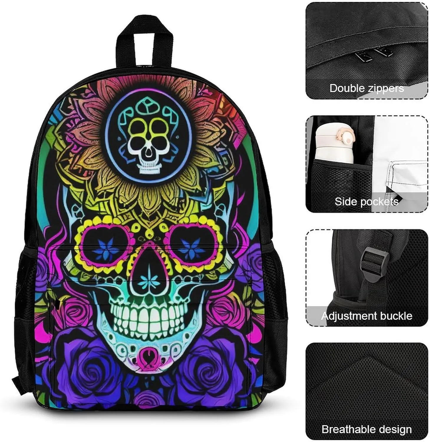 Supdreamc Big Capacity Rucksack, Psychedelic Skull Art Carry On Bag, 3 Piece College Daypack, Camping Outdoor Backpack