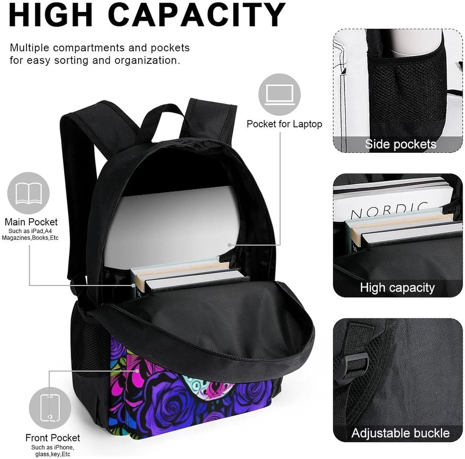 Supdreamc Big Capacity Rucksack, Psychedelic Skull Art Carry On Bag, 3 Piece College Daypack, Camping Outdoor Backpack