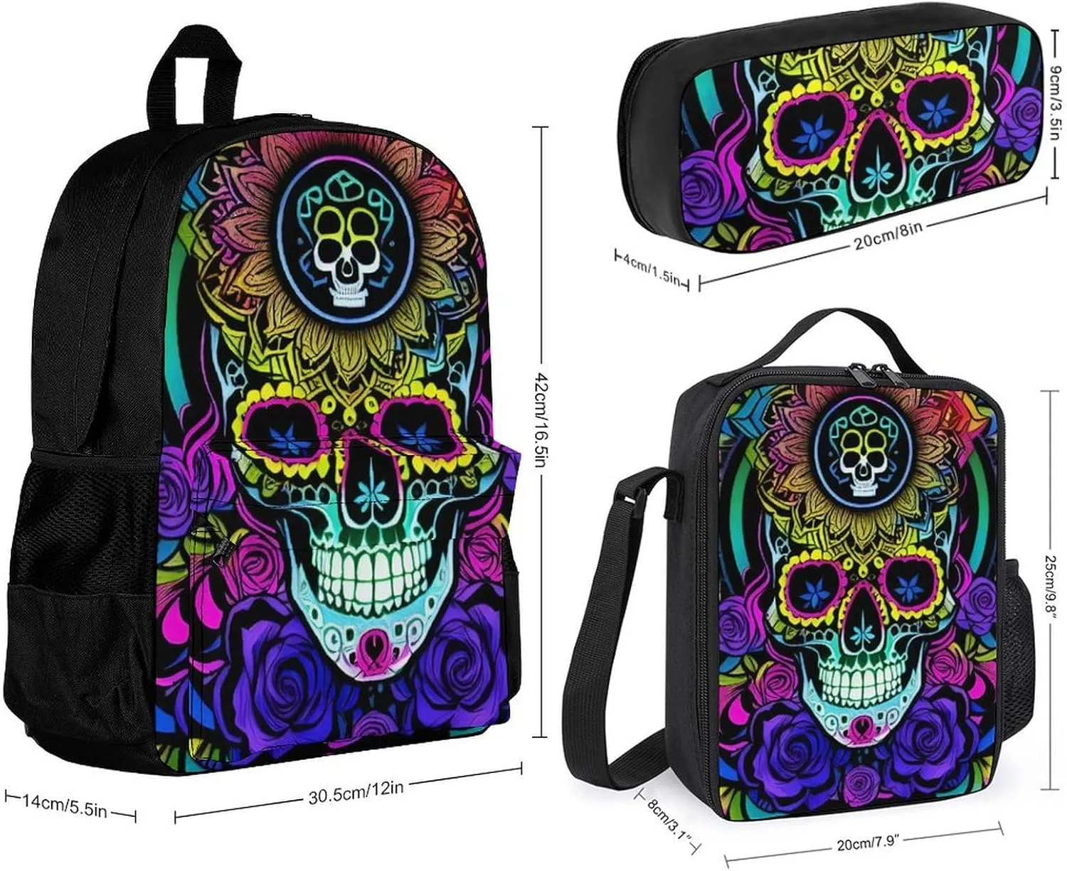 Supdreamc Big Capacity Rucksack, Psychedelic Skull Art Carry On Bag, 3 Piece College Daypack, Camping Outdoor Backpack