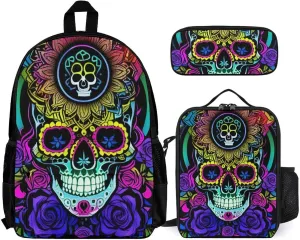 Supdreamc Big Capacity Rucksack, Psychedelic Skull Art Carry On Bag, 3 Piece College Daypack, Camping Outdoor Backpack