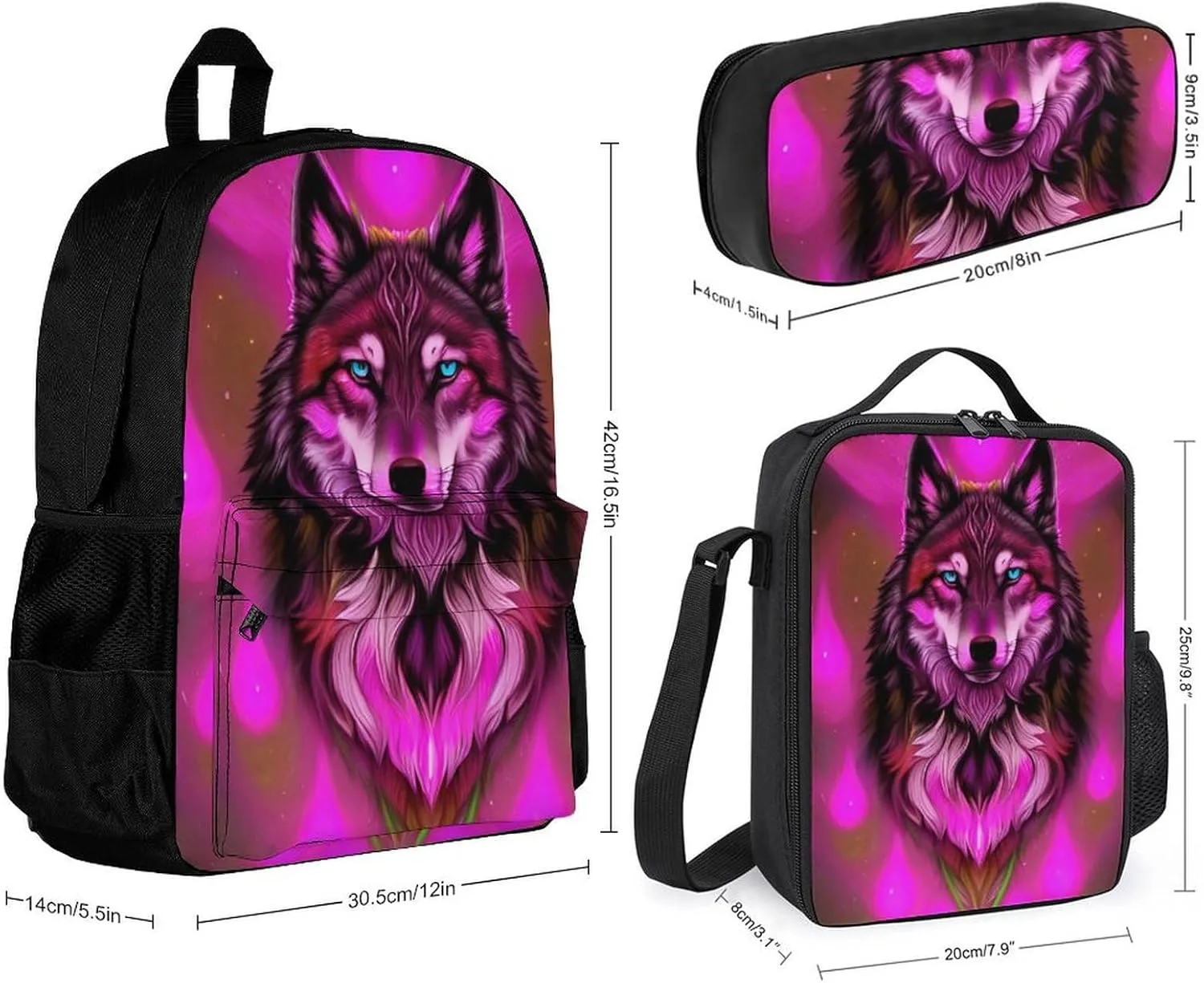 Supdreamc Camping Outdoor Backpack 3 Piece Daypack Sets Shoulder Bag Big Capacity Daypack Fantastic Wolf Art Daypack Backpack for Adults