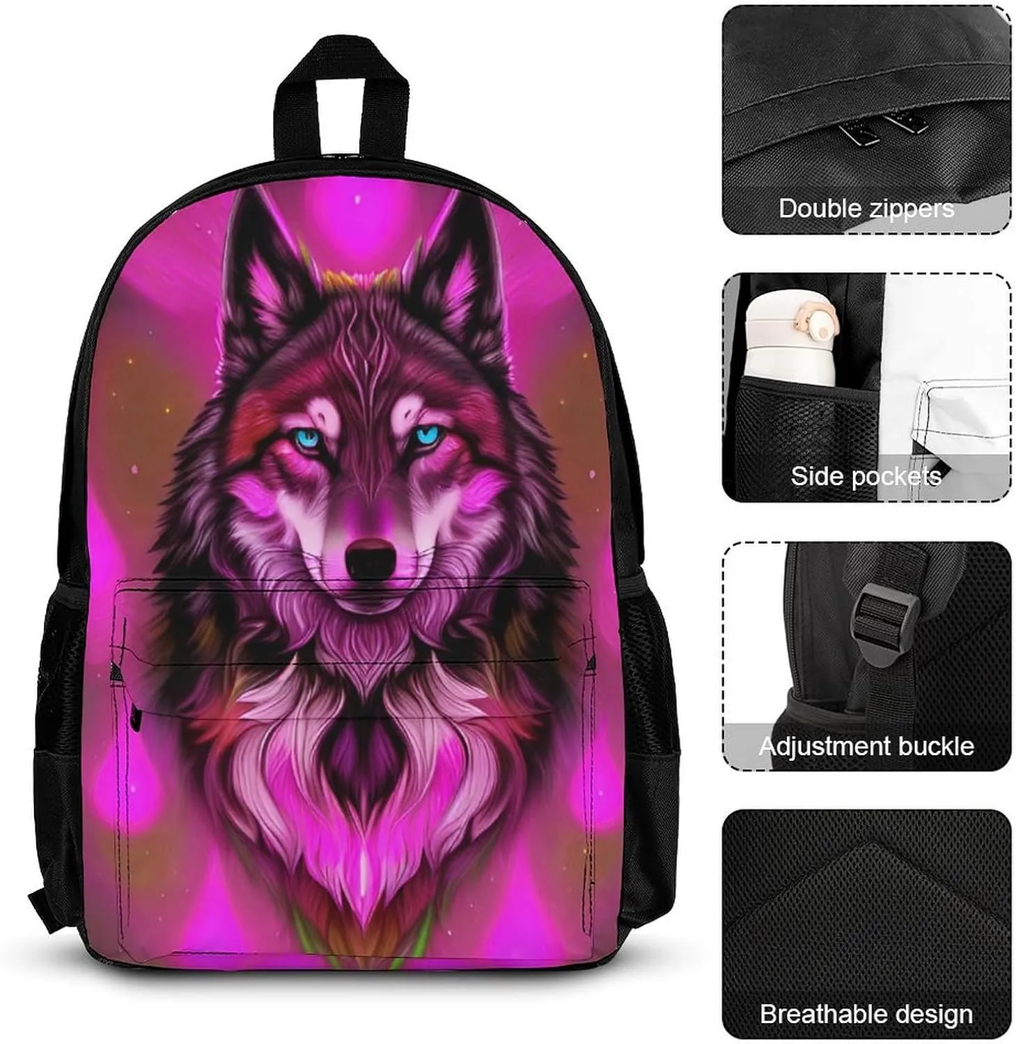 Supdreamc Camping Outdoor Backpack 3 Piece Daypack Sets Shoulder Bag Big Capacity Daypack Fantastic Wolf Art Daypack Backpack for Adults