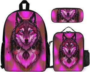 Supdreamc Camping Outdoor Backpack 3 Piece Daypack Sets Shoulder Bag Big Capacity Daypack Fantastic Wolf Art Daypack Backpack for Adults
