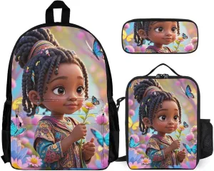 Supdreamc Camping Travel Walking Cycling Backpack Sets Daypack 3 Pcs Anti-Theft Multipurpose Daypack Big Capacity Bookbag, Colorful Afro American Black Woman With Butterflies Art