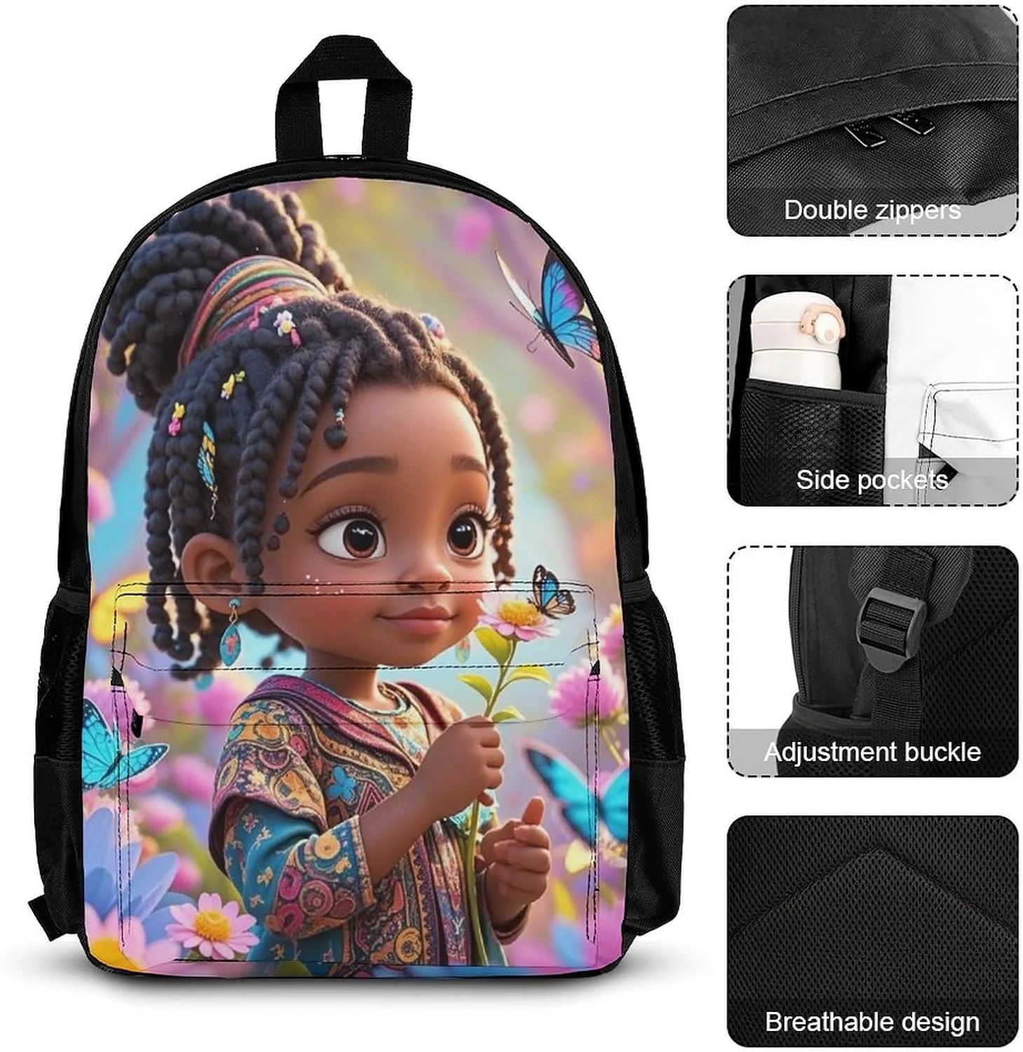 Supdreamc Camping Travel Walking Cycling Backpack Sets Daypack 3 Pcs Anti-Theft Multipurpose Daypack Big Capacity Bookbag, Colorful Afro American Black Woman With Butterflies Art
