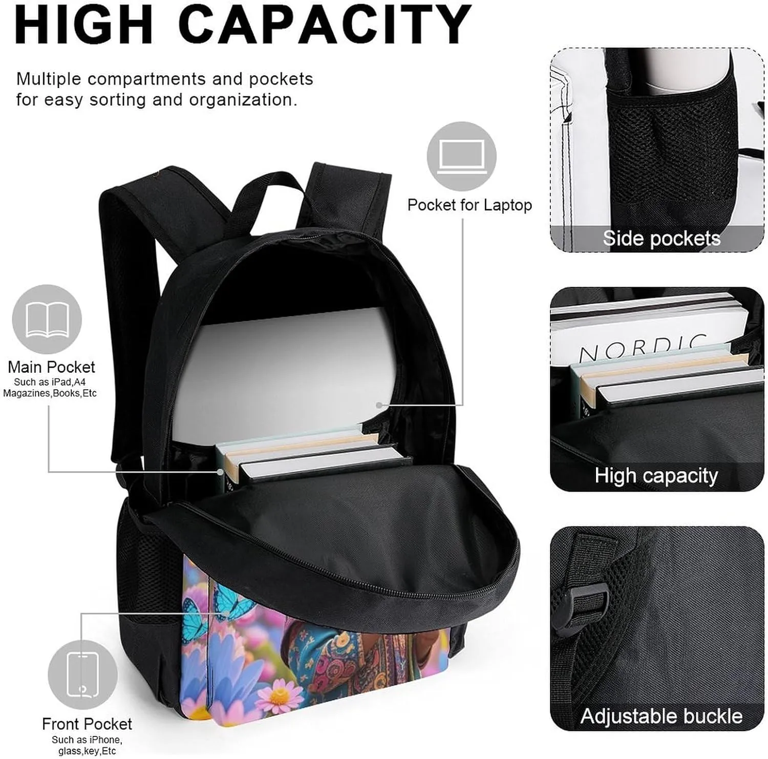 Supdreamc Camping Travel Walking Cycling Backpack Sets Daypack 3 Pcs Anti-Theft Multipurpose Daypack Big Capacity Bookbag, Colorful Afro American Black Woman With Butterflies Art