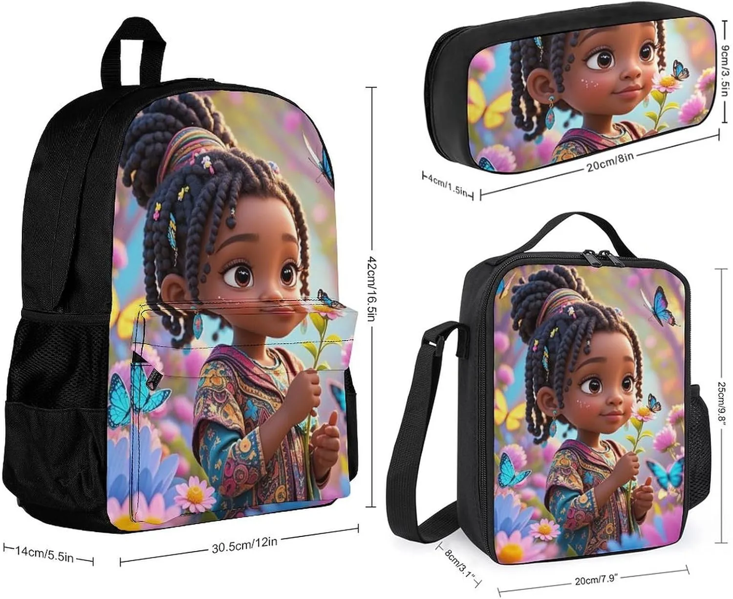 Supdreamc Camping Travel Walking Cycling Backpack Sets Daypack 3 Pcs Anti-Theft Multipurpose Daypack Big Capacity Bookbag, Colorful Afro American Black Woman With Butterflies Art